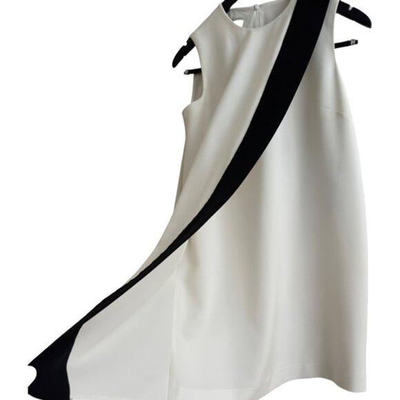 Anne Klein Ivory Shift Dress with Asymmetrical Black Trimmed Overlay - Size 4 - Picture 5 of 8